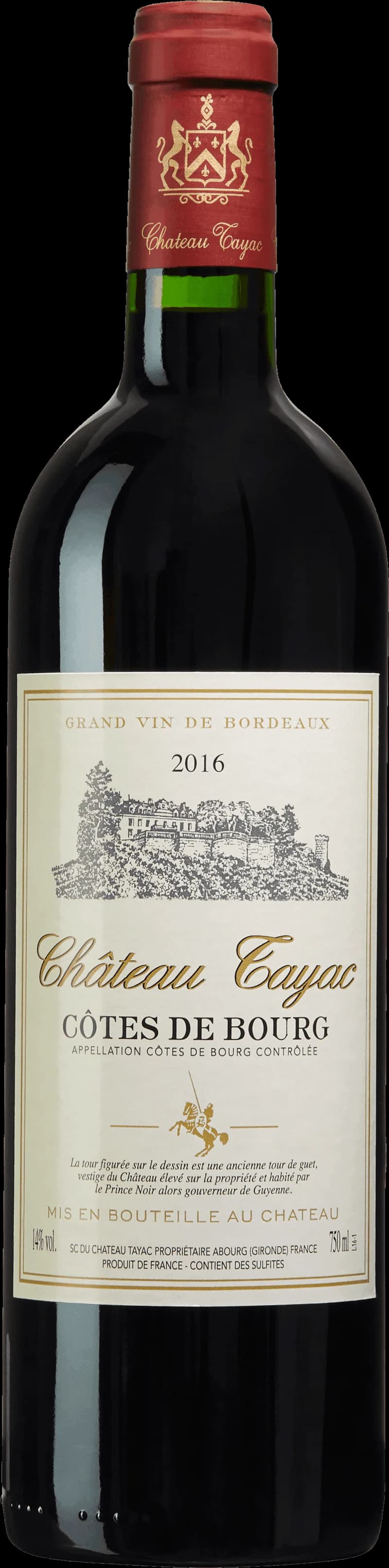 Flaska av Château Tayac rött vin mot en mörk bakgrund.
