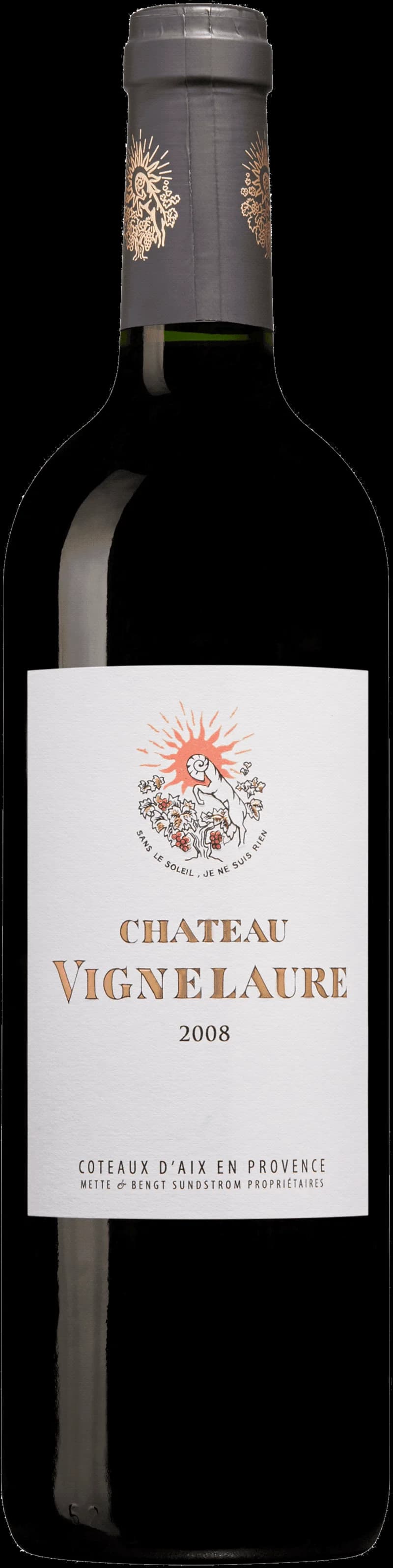Flaska av Château Vignelaure rött vin mot en mörk bakgrund.