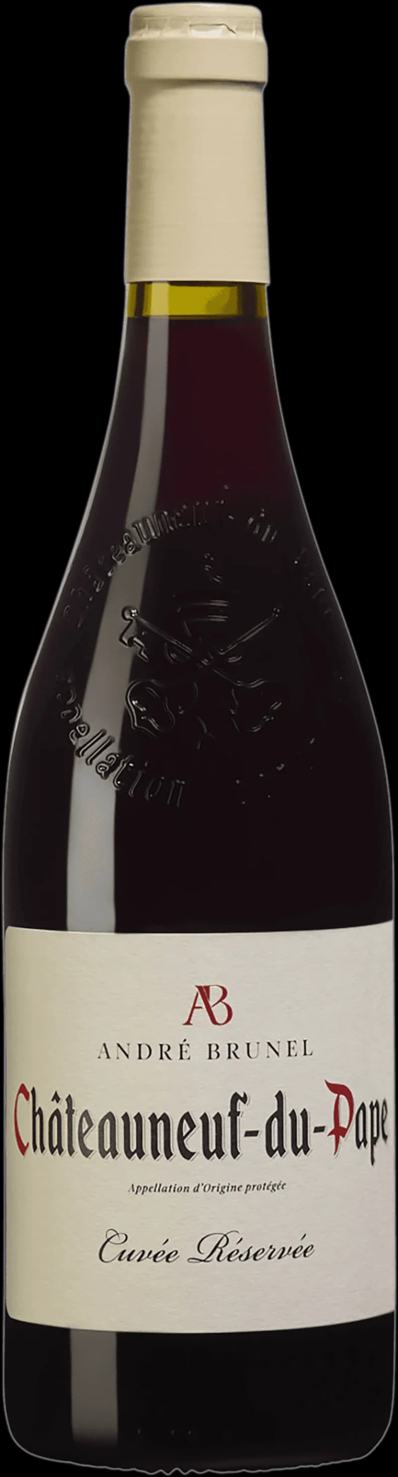 Flaska av Châteauneuf-du-Pape Cuvée Réservée rött vin mot ljus bakgrund.