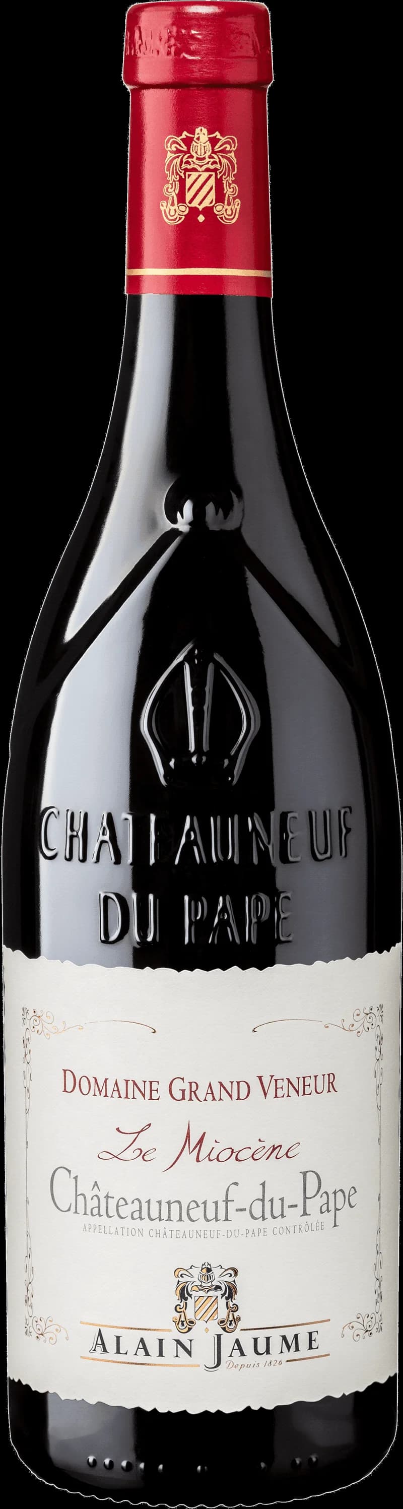 Flaska av rött vin från Châteauneuf-du-Pape med etikett.