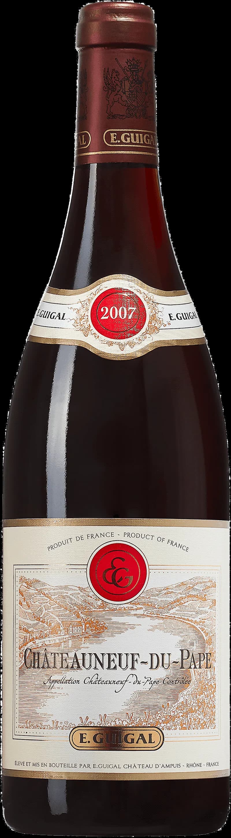 Flaska med rött vin från Châteauneuf-du-Pape, Rhône, Frankrike.