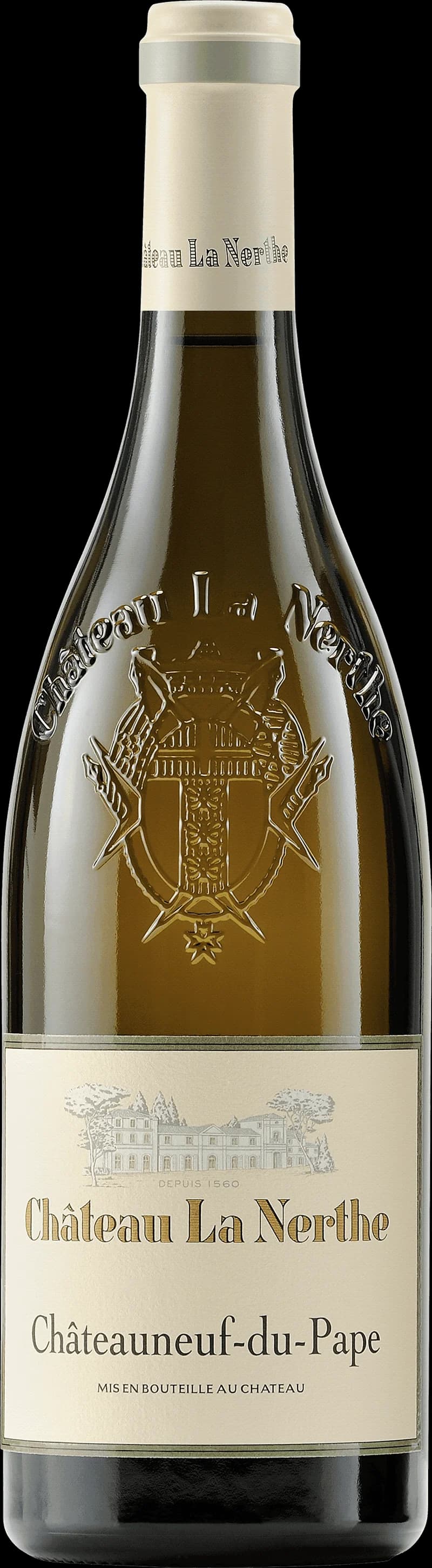 Flaska av vitt vin från Châteauneuf-du-Pape, Rhône, Frankrike.