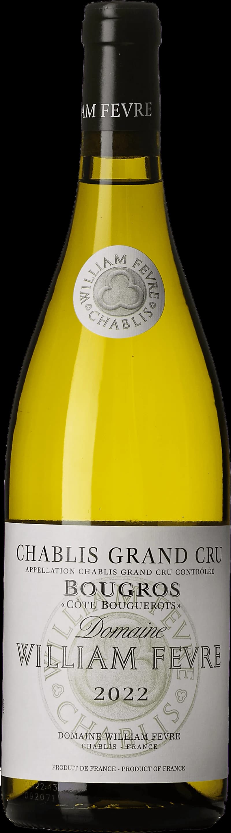 Flaska Chablis Grand Cru Bougros Côte de Bouguerots vitt vin från Bourgogne.
