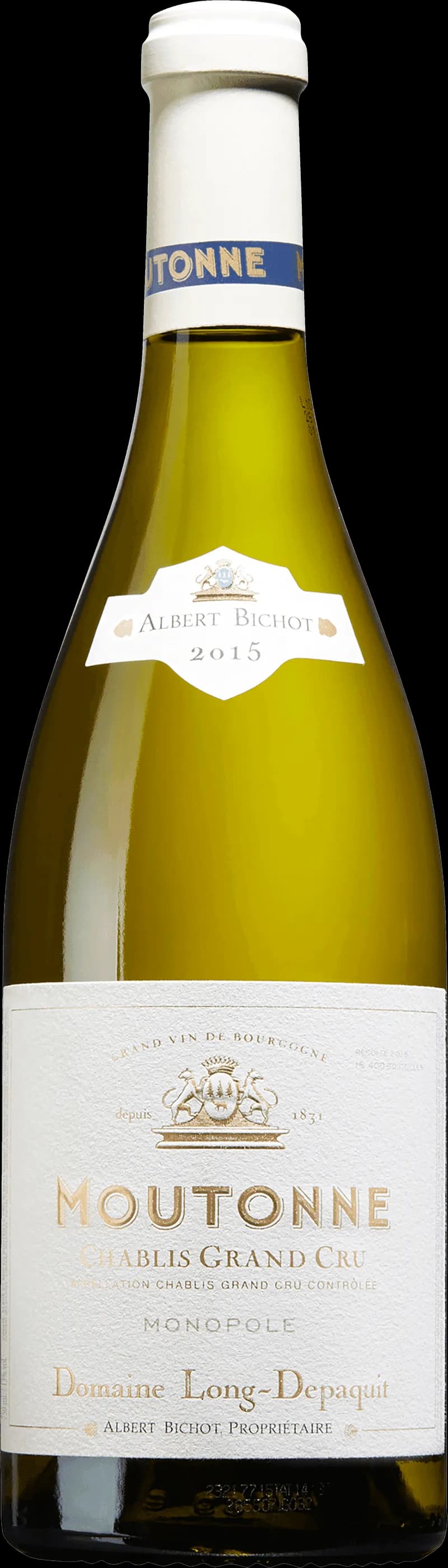 Flaska med Chablis Grand Cru vitt vin mot en ljus bakgrund.