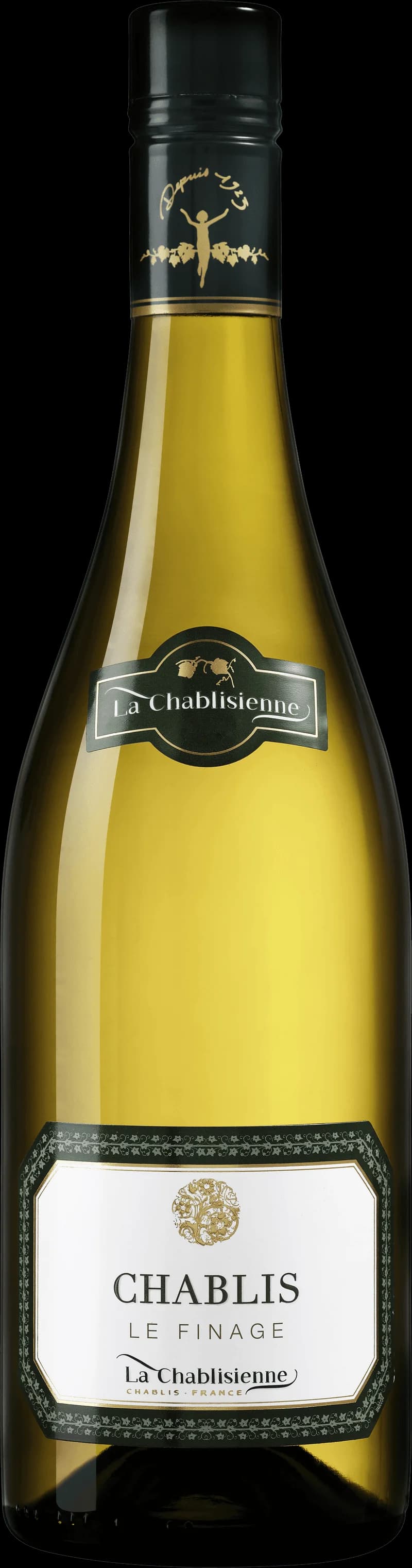 Flaska med Chablis Le Finage vitt vin mot ljus bakgrund.