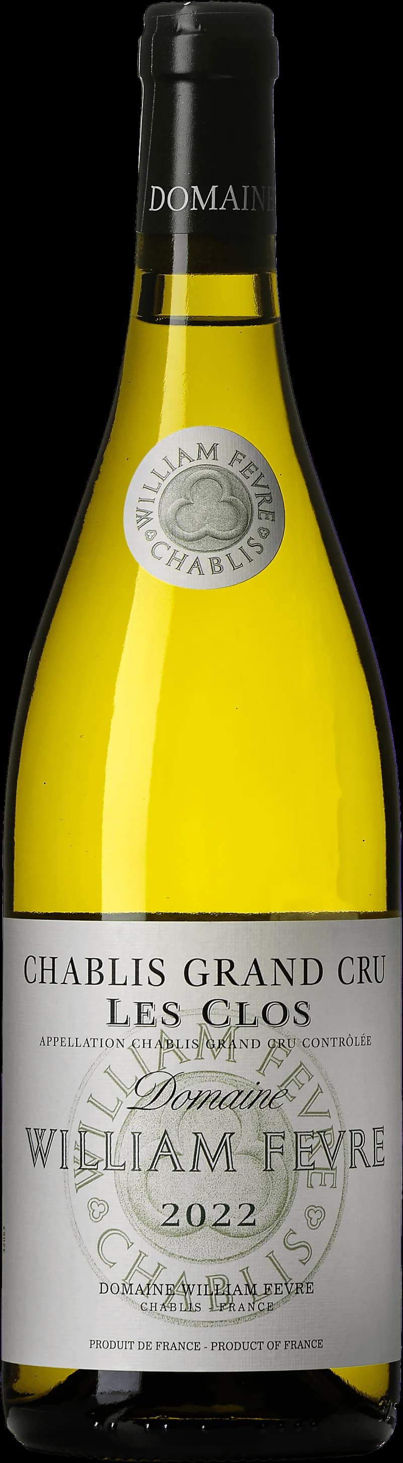 Flaska Chablis Les Clos vitt vin mot ljus bakgrund