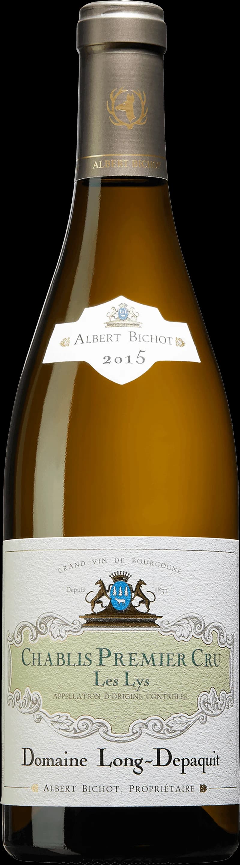 Flaska Chablis Premier Cru Les Lys vitt vin mot ljus bakgrund.