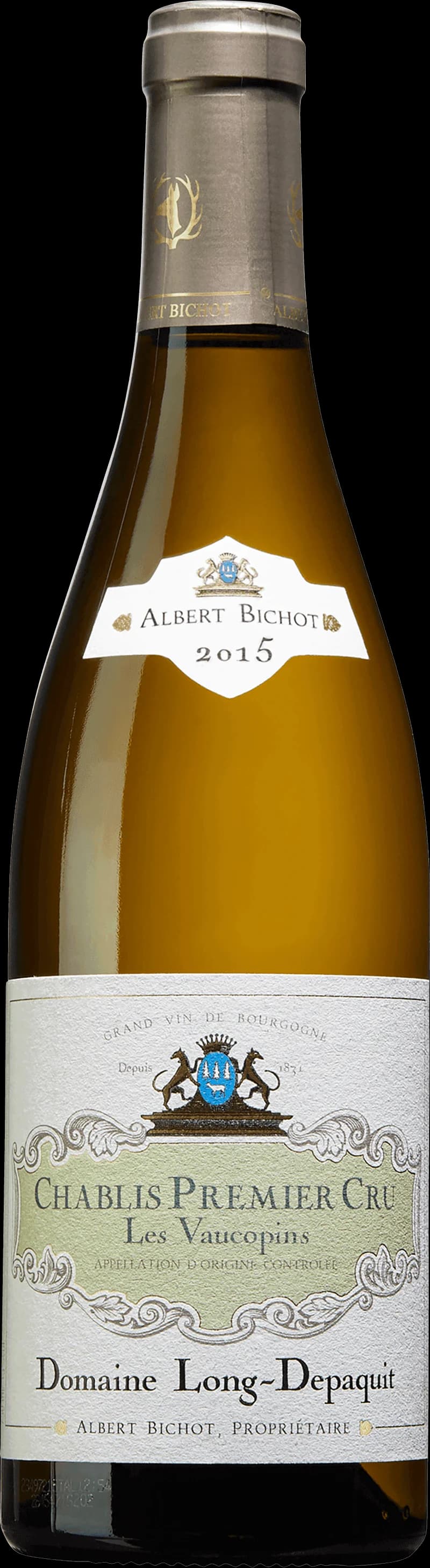 Flaska med Chablis Premier Cru Les Vaucopins vitt vin från Bourgogne.