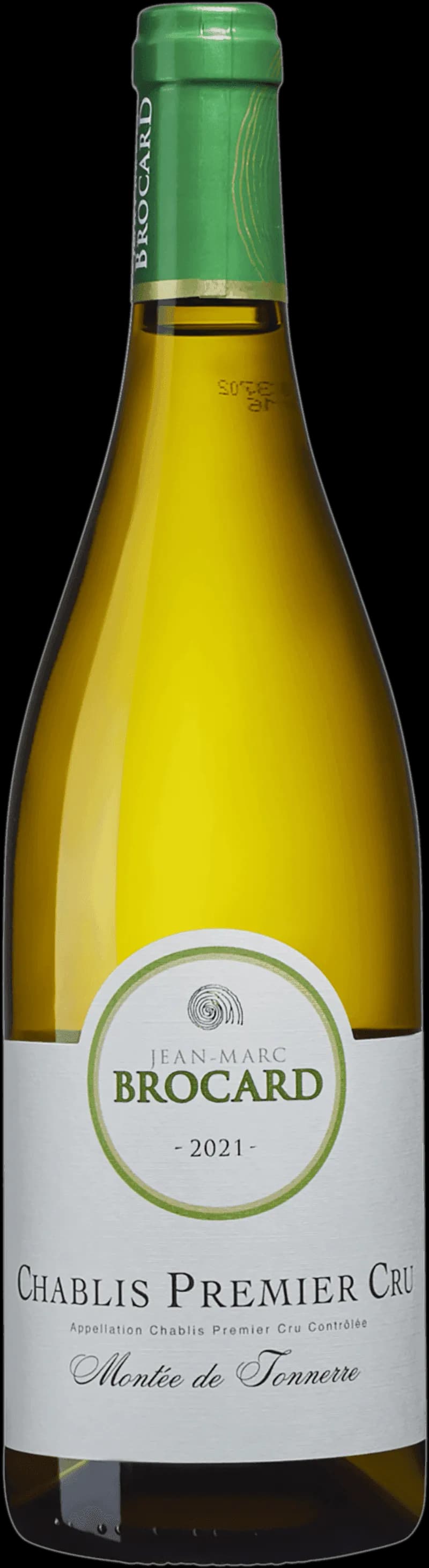 Flaska Chablis Premier Cru Montée de Tonnerre vitt vin mot ljus bakgrund.