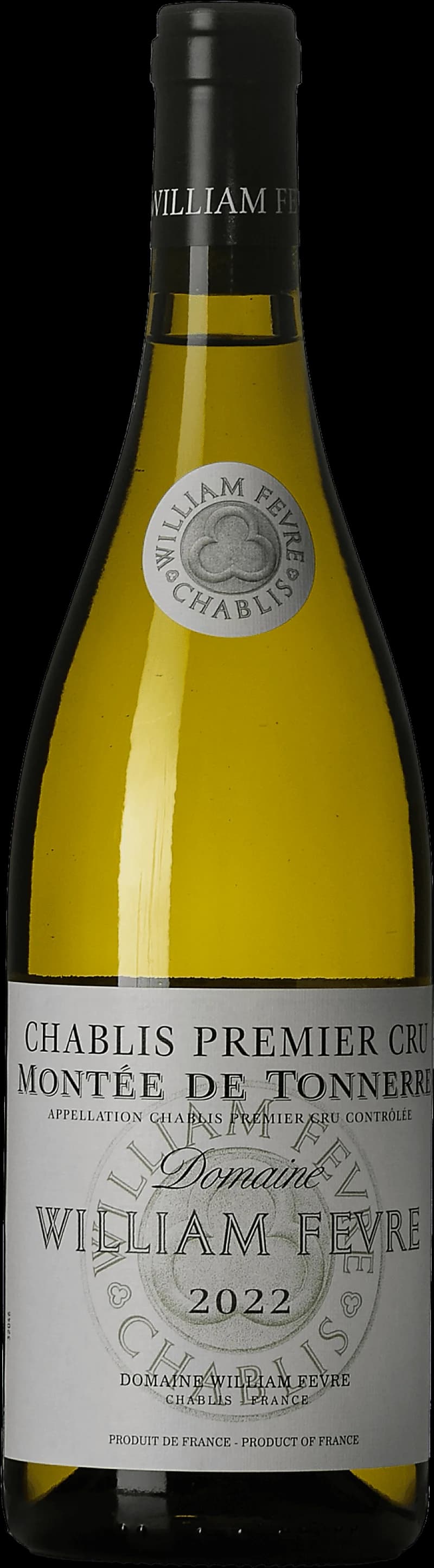 Flaska Chablis Premier Cru Montée de Tonnerre vitt vin på bordet.