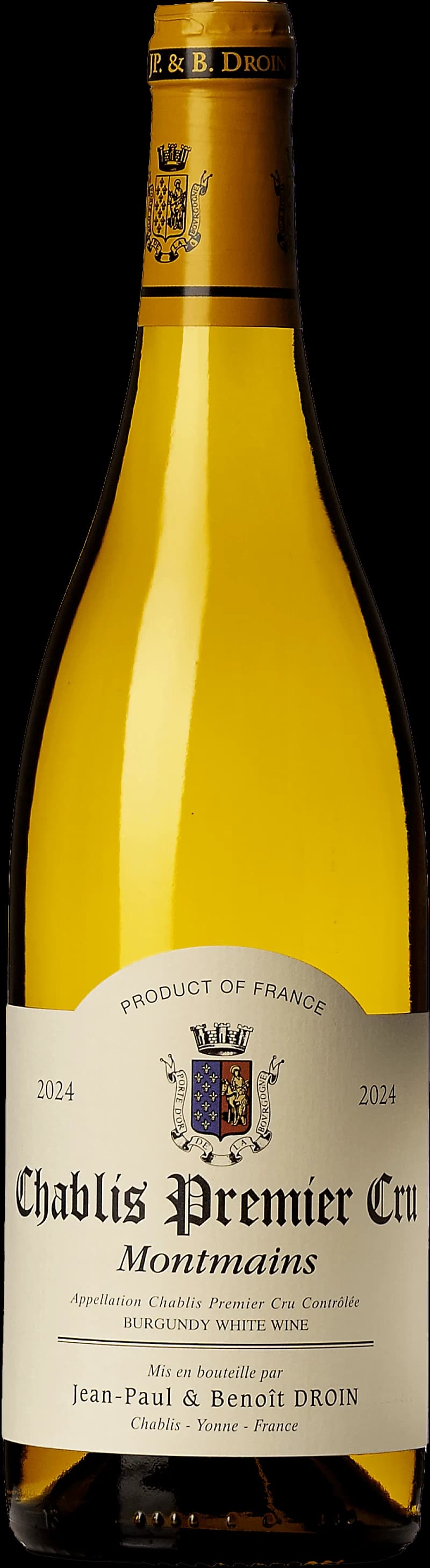 Flaska Chablis Premier Cru Montmains vitt vin mot ljus bakgrund