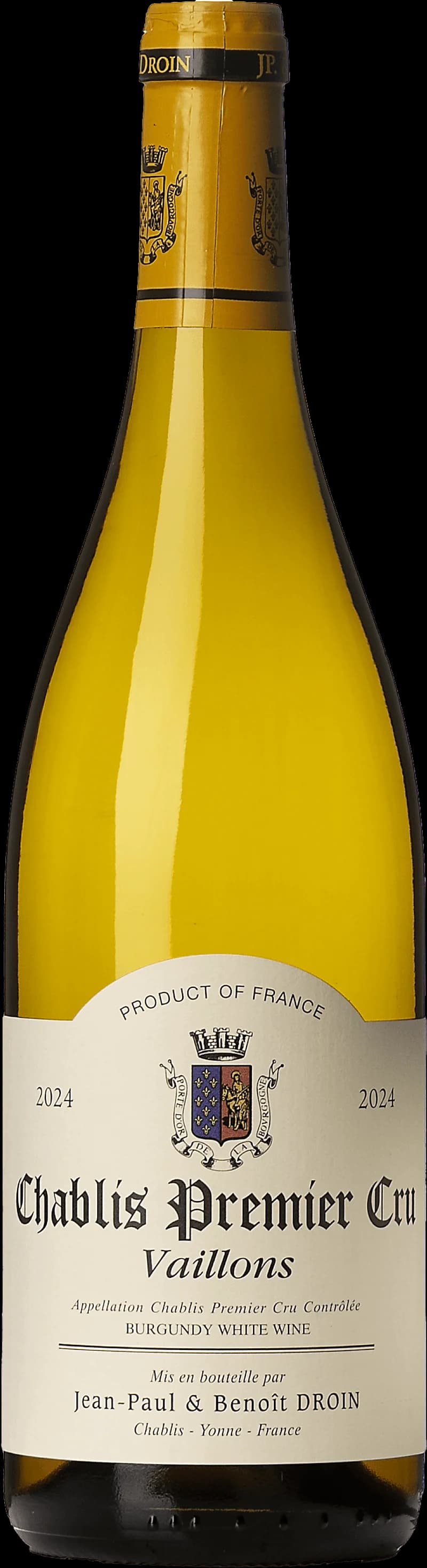 Flaska Chablis Premier Cru Vaillons vitt vin mot ljus bakgrund
