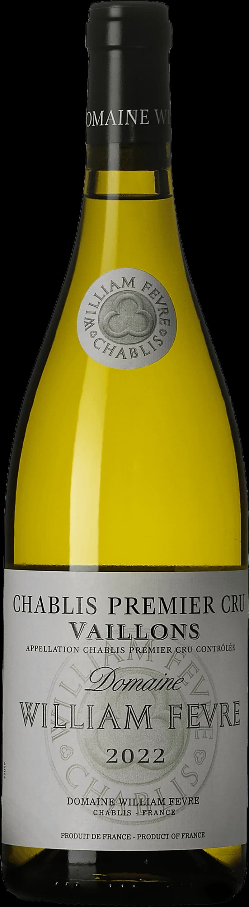Flaska Chablis Premier Cru Vaillons vitt vin mot ljus bakgrund