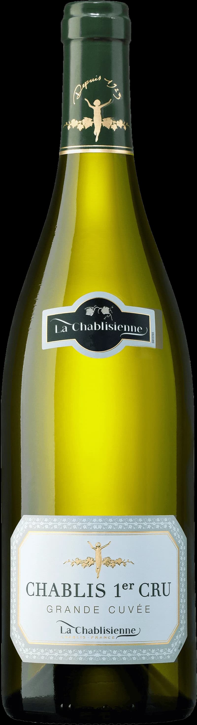 Flaska Chablis Premier Cru vitt vin mot ljus bakgrund