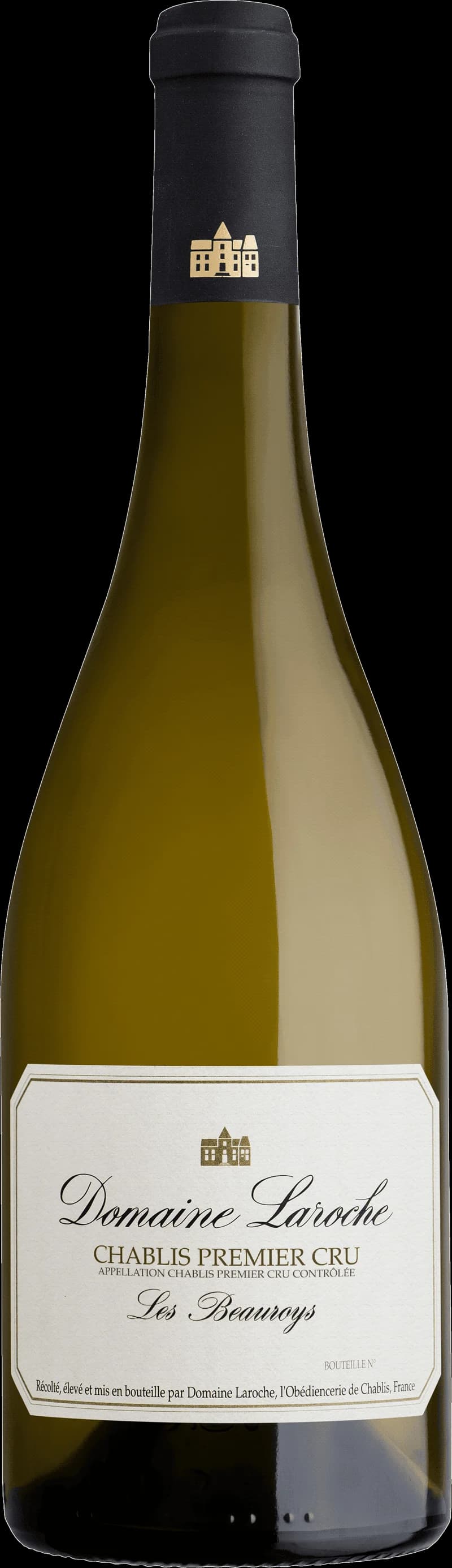 Flaska med Chablis Premier Cru vitt vin mot ljus bakgrund.