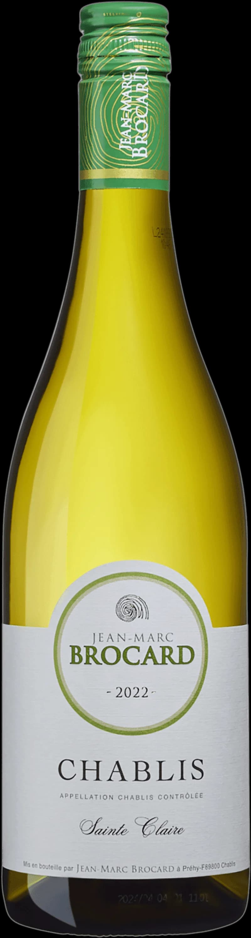 Flaska Chablis Sainte Claire vitt vin mot ljus bakgrund.
