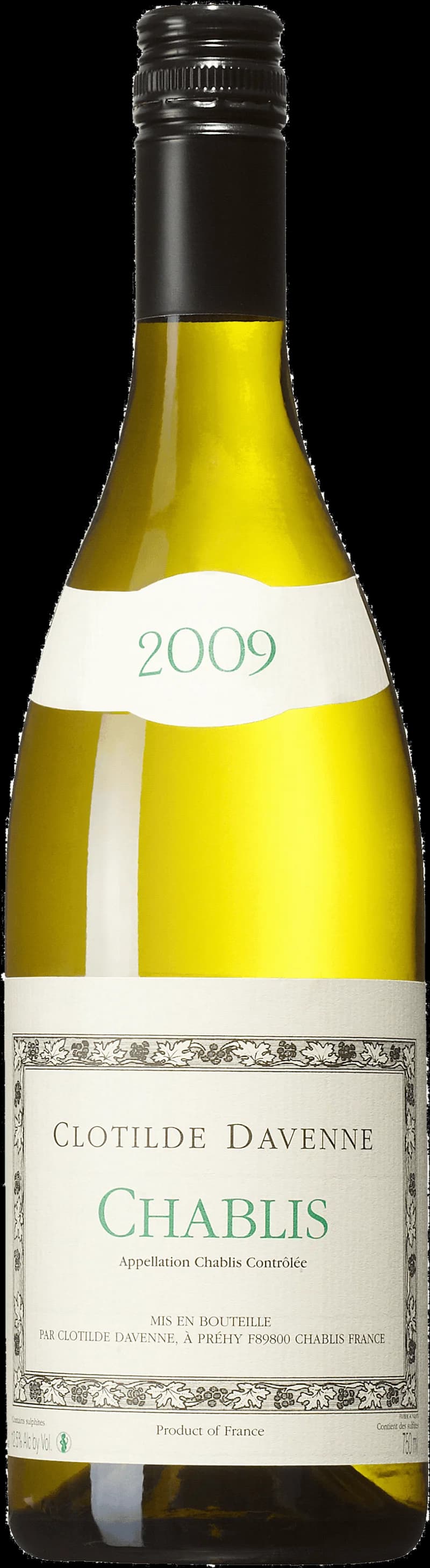 Flaska och glas med Chablis vitt vin på en ljus bakgrund