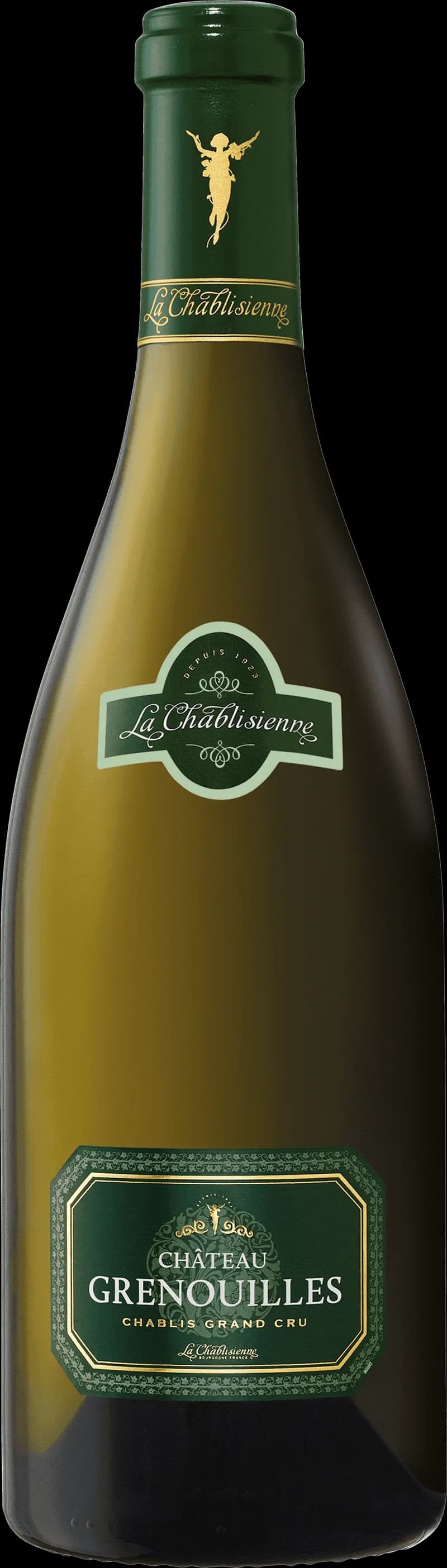 Ett glas Chablis vitt vin på ett bord.