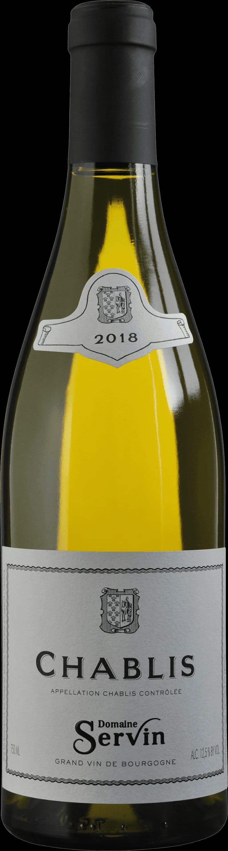 Ett glas Chablis vitt vin på en vit duk.