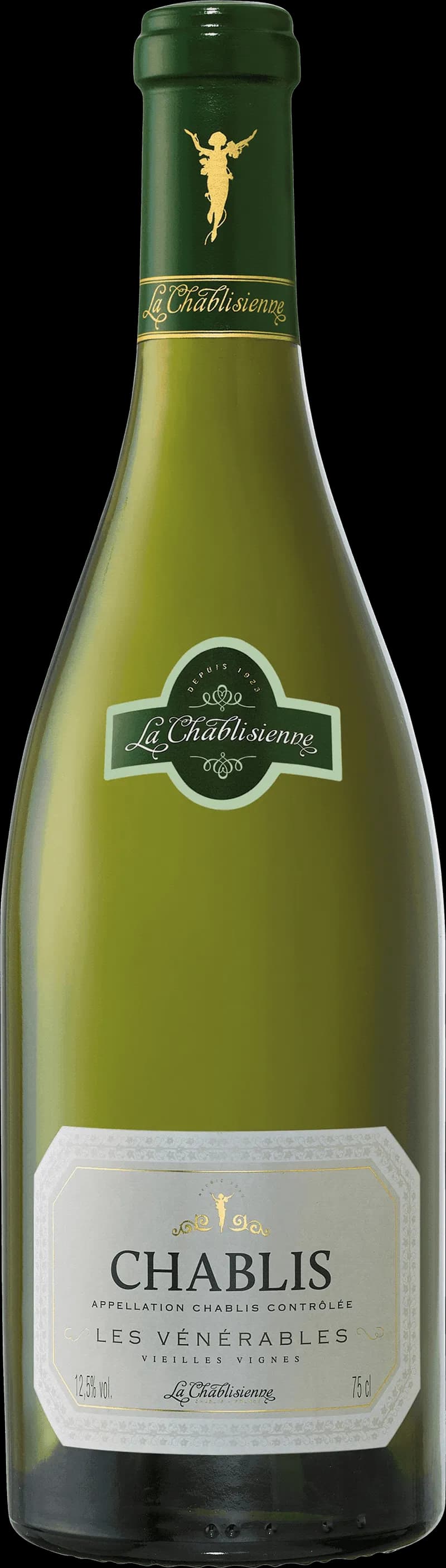 Ett glas Chablis vitt vin på en bordsduk.