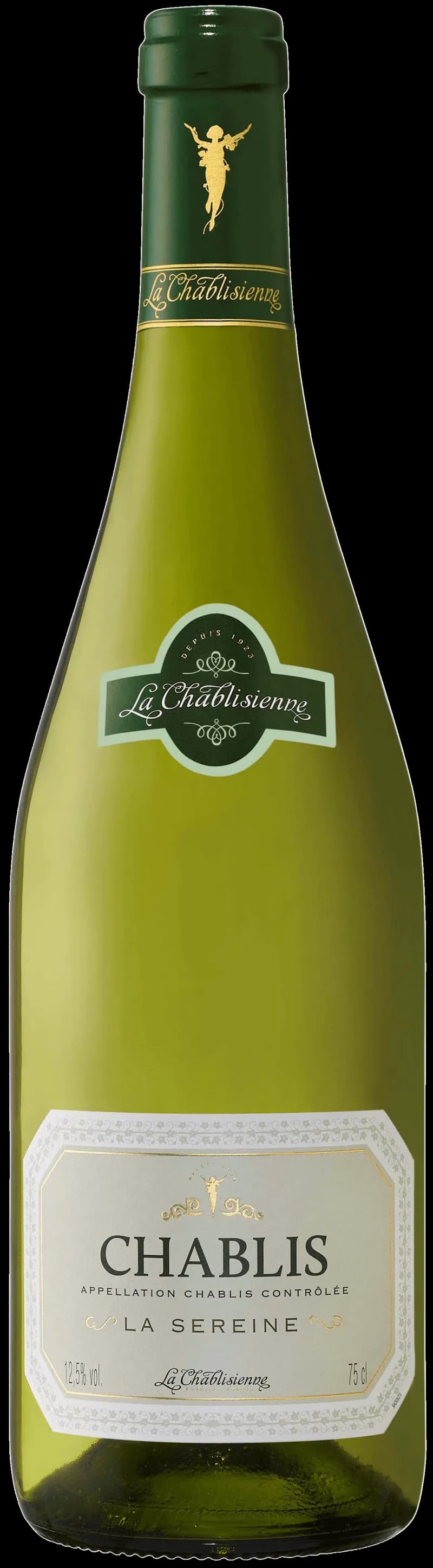 Ett glas Chablis vitt vin på ett bord.