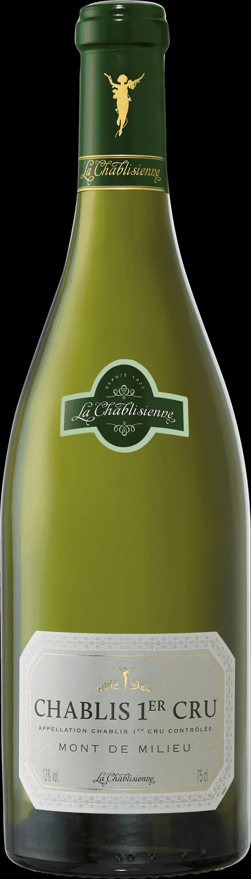 Ett glas Chablis vitt vin mot en ljus bakgrund.