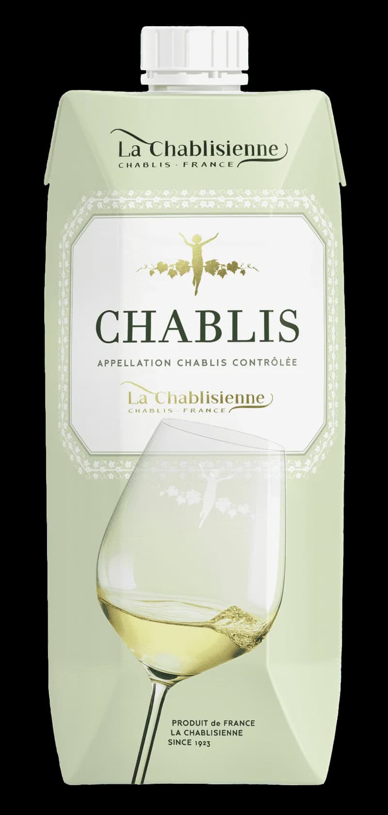 Flaska med Chablisienne vitt vin mot ljus bakgrund.