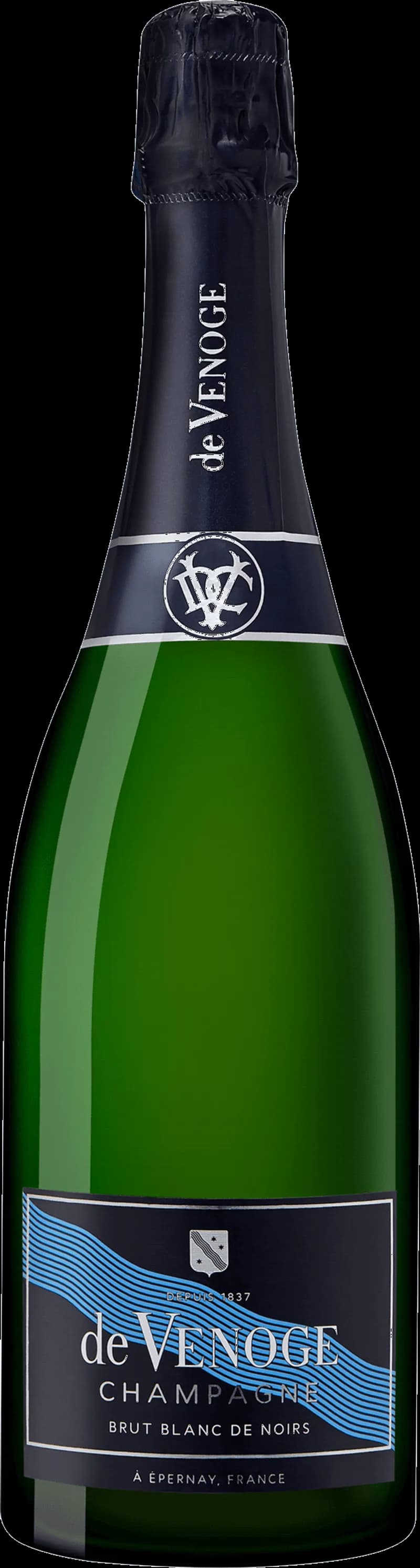 Flaska med champagne De Venoge, mousserande vin, mot neutral bakgrund.