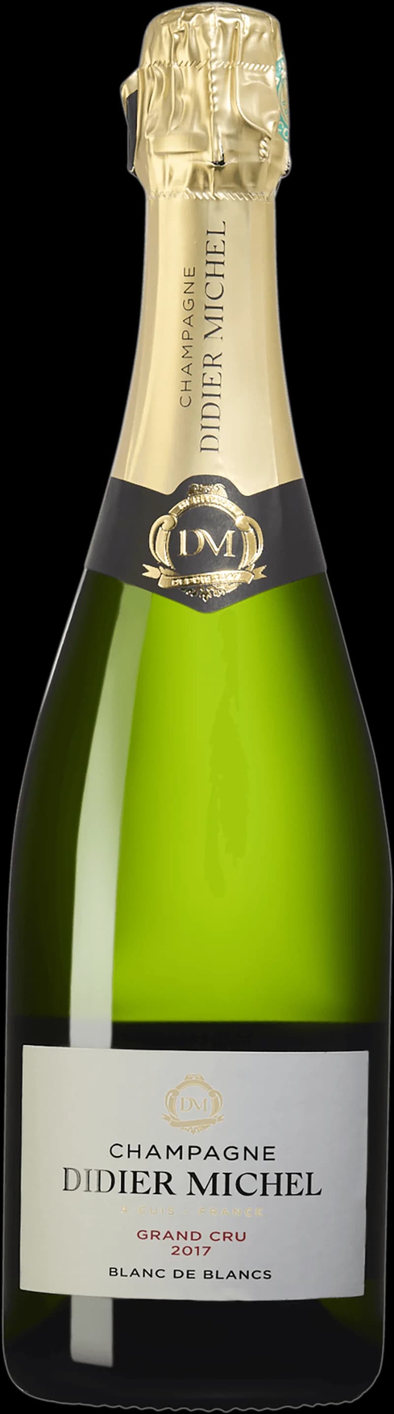 Flaska champagne från Didier Michel med bubblande vin i glas.
