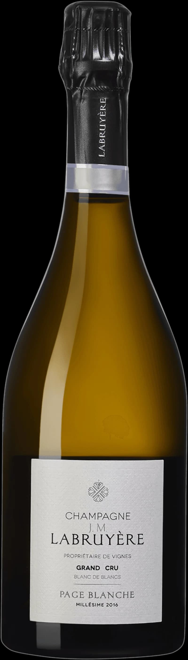 Flaska med champagne från J.M. Labruyère, ett mousserande vin presenterat mot neutral bakgrund.