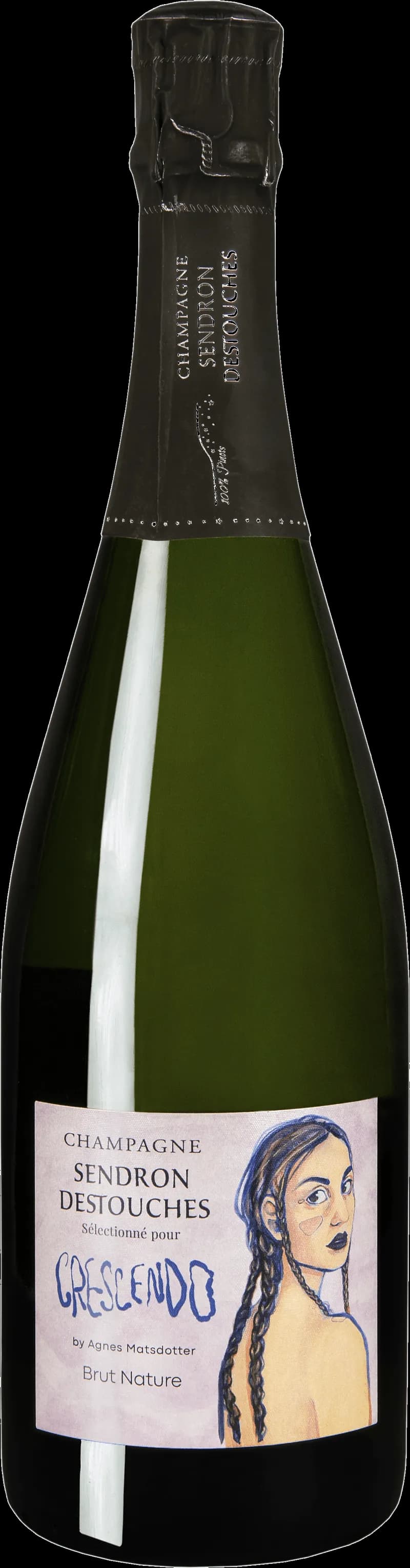 Champagneflaska från Sendron Destouches med etikett, serverad i hink med is.