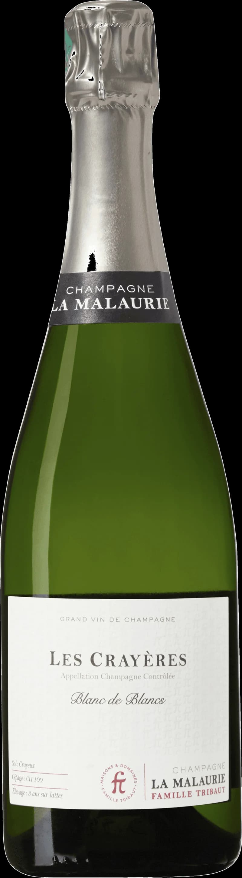 Flaska champagne från Tribaut med glas och bubblande vin i bakgrunden.
