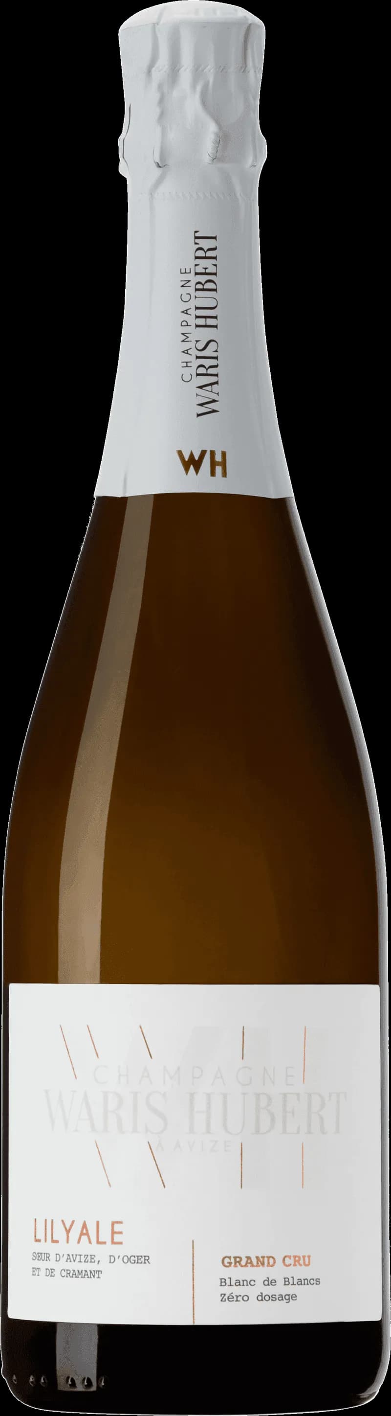 Flaska champagne från Waris Hubert, ett mousserande vin presenterat mot en neutral bakgrund.