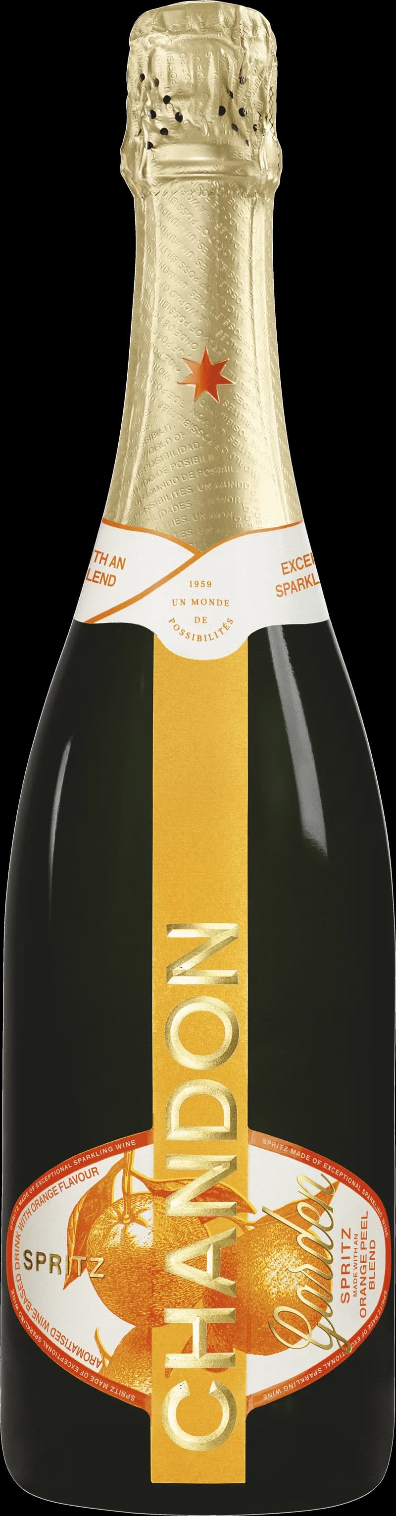Flaska med Chandon mousserande vin mot en mörk bakgrund.