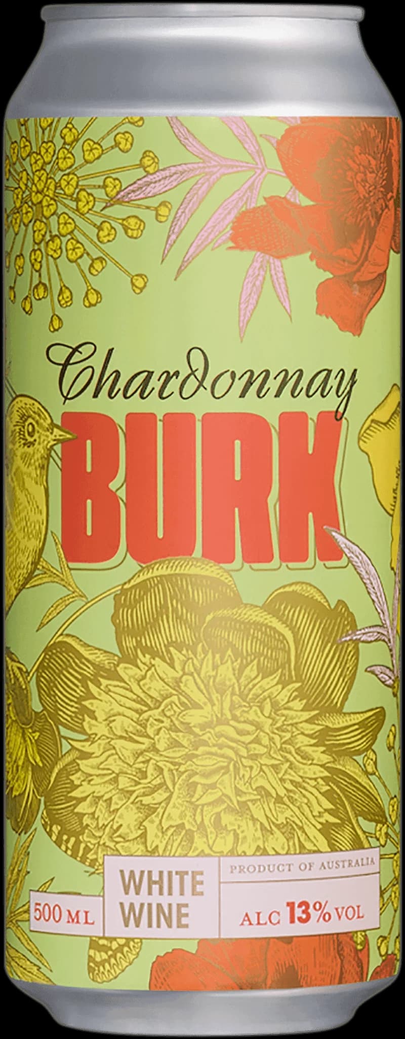 Burk med vitt chardonnayvin från 2012, etikett synlig.