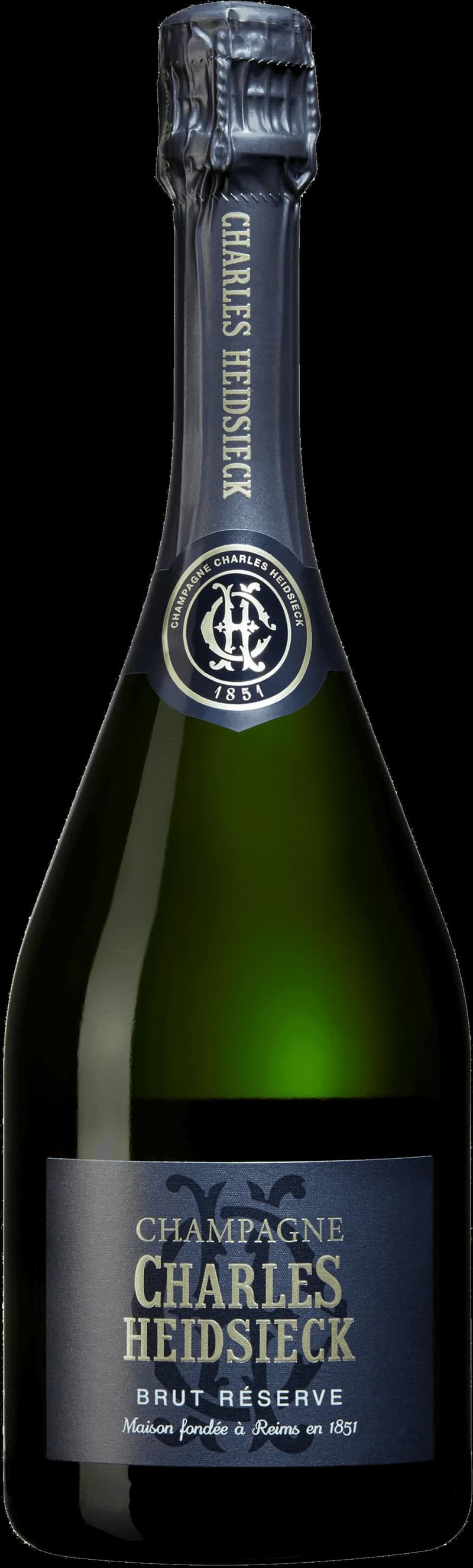 Flaska Charles Heidsieck champagne mot mörk bakgrund