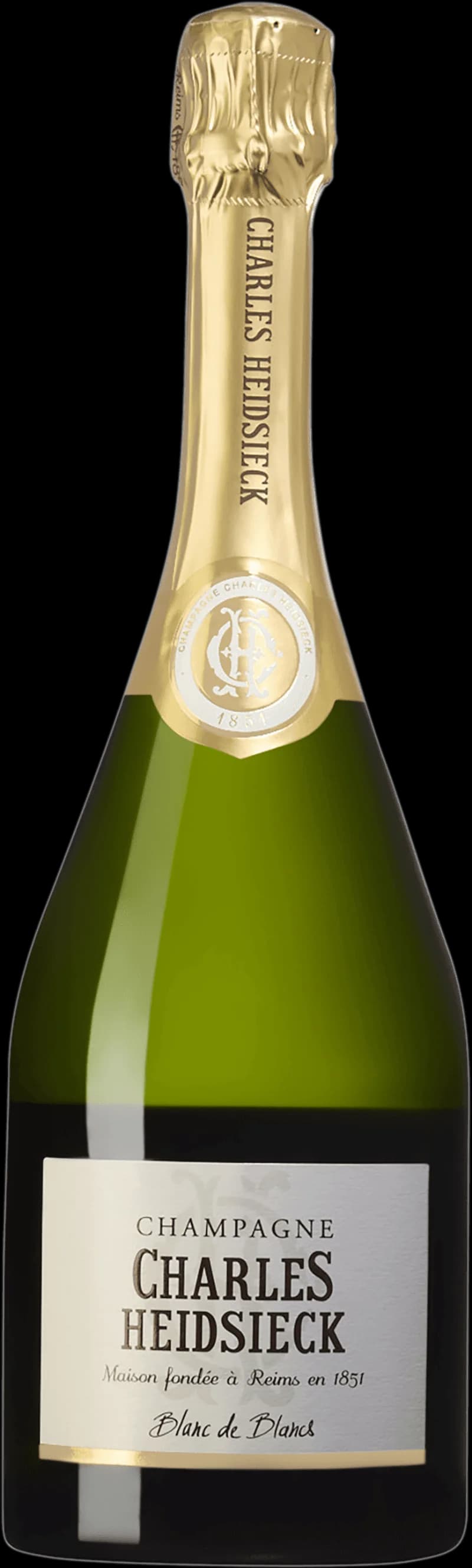 Flaska av Charles Heidsieck mousserande vin mot mörk bakgrund