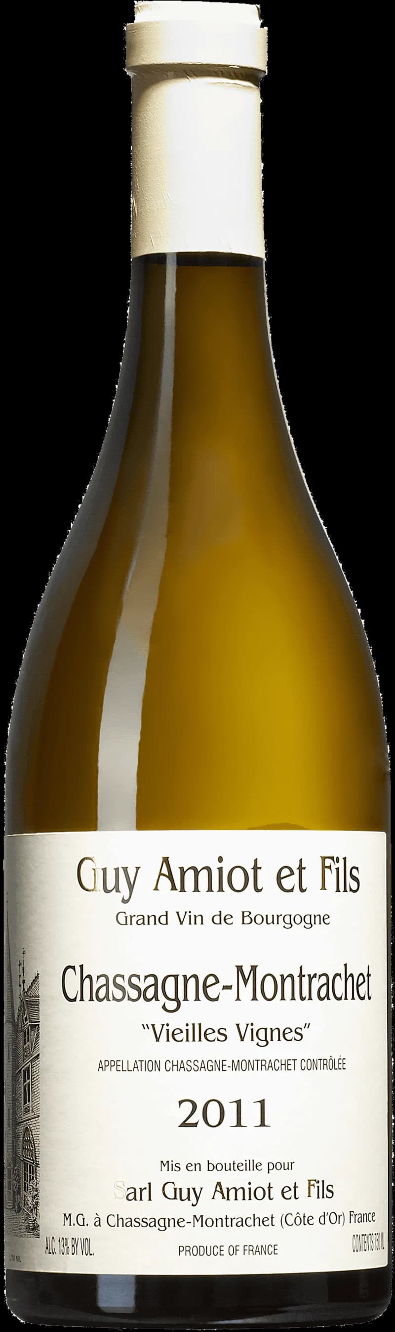Flaska Chassagne-Montrachet Vieilles Vignes vitt vin mot ljus bakgrund