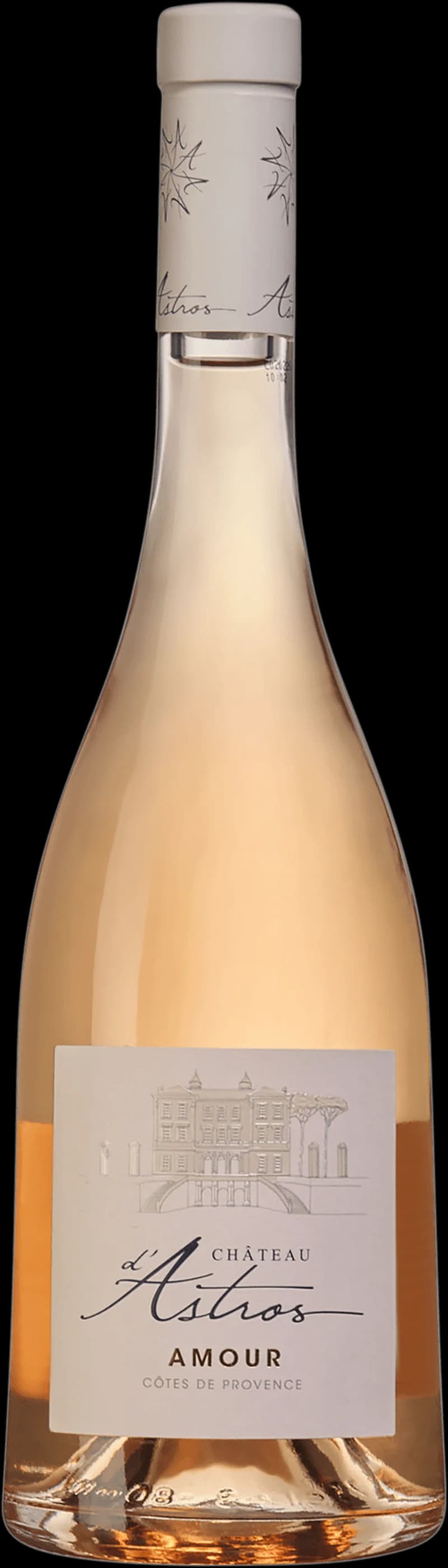 Flaska med Château d'Astros rosévin mot ljus bakgrund