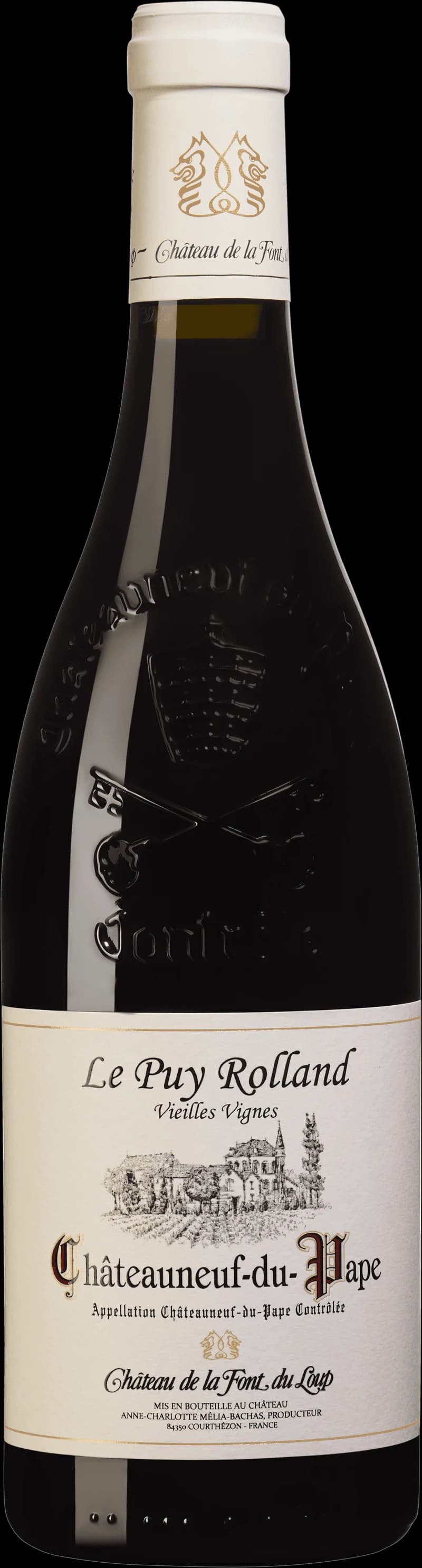 Flaska av Château de la Font du Loup rött vin mot neutral bakgrund.