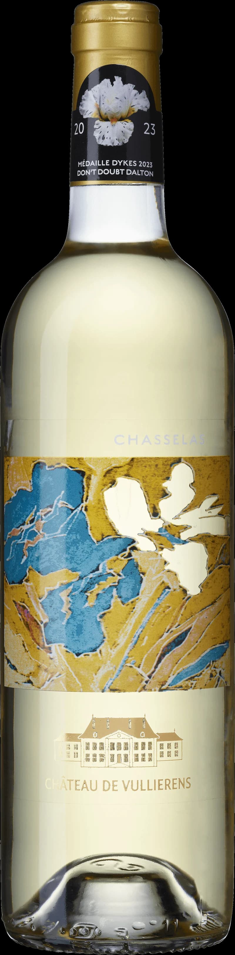 Flaska och glas med vitt vin från Château de Vullierens