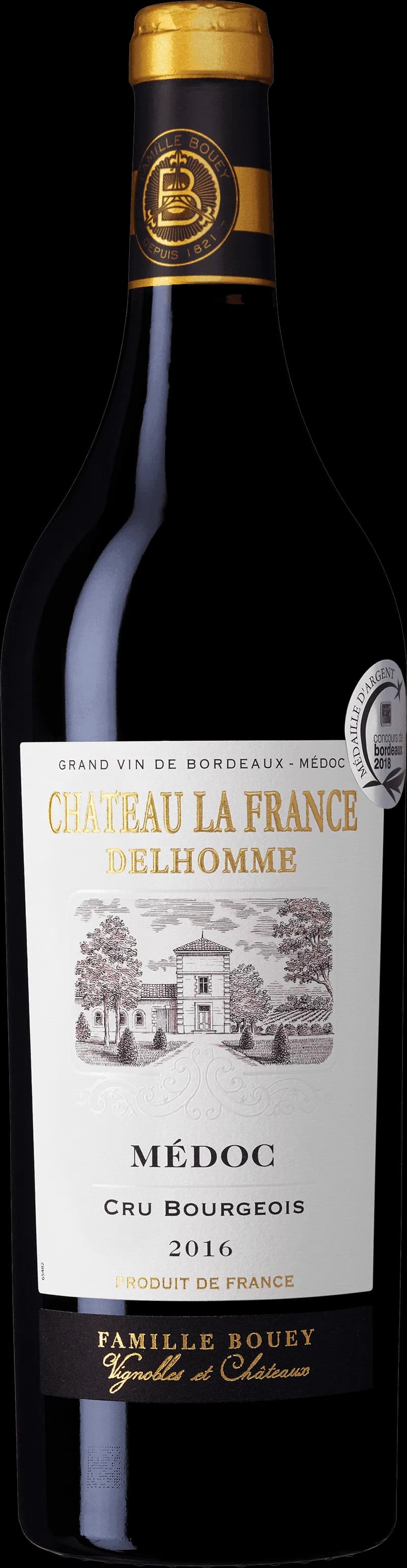 Château La France Delhomme rött vin, en flaska med etikett mot en mörk bakgrund.