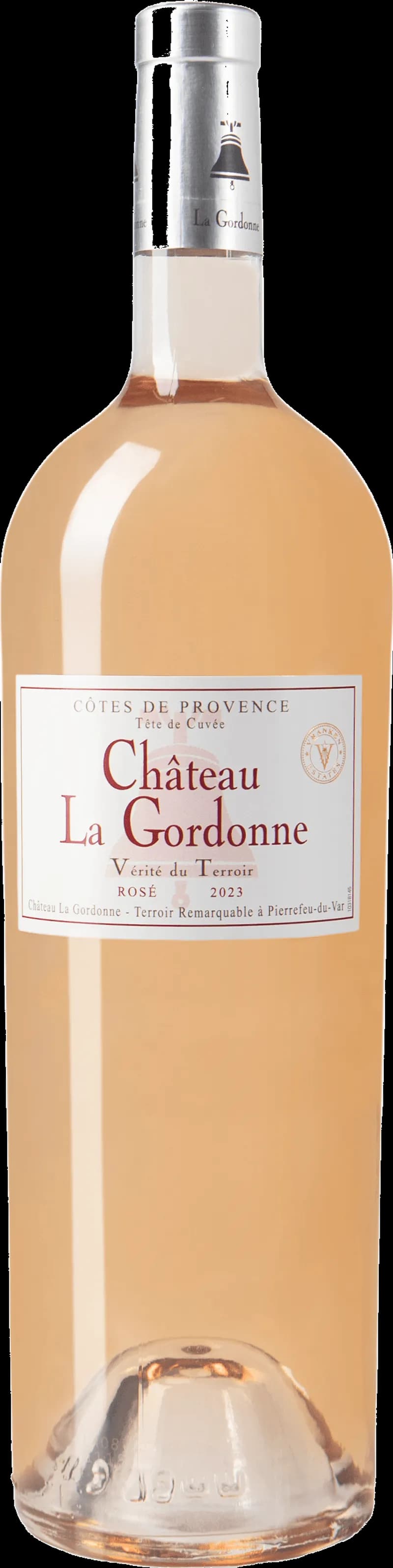 Flaska av Château La Gordonne rosévin mot en ljus bakgrund.