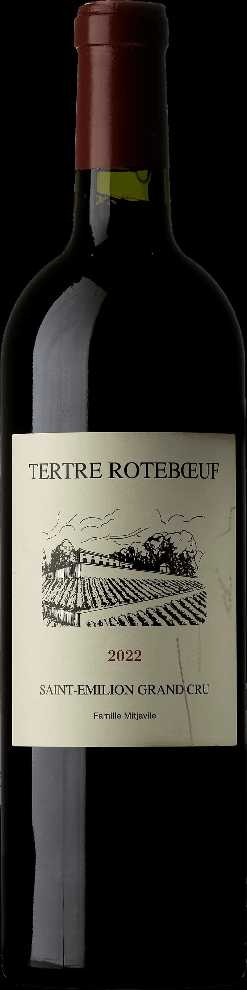Flaska av Château Le Tertre-Rôteboeuf rött vin från Bordeaux.