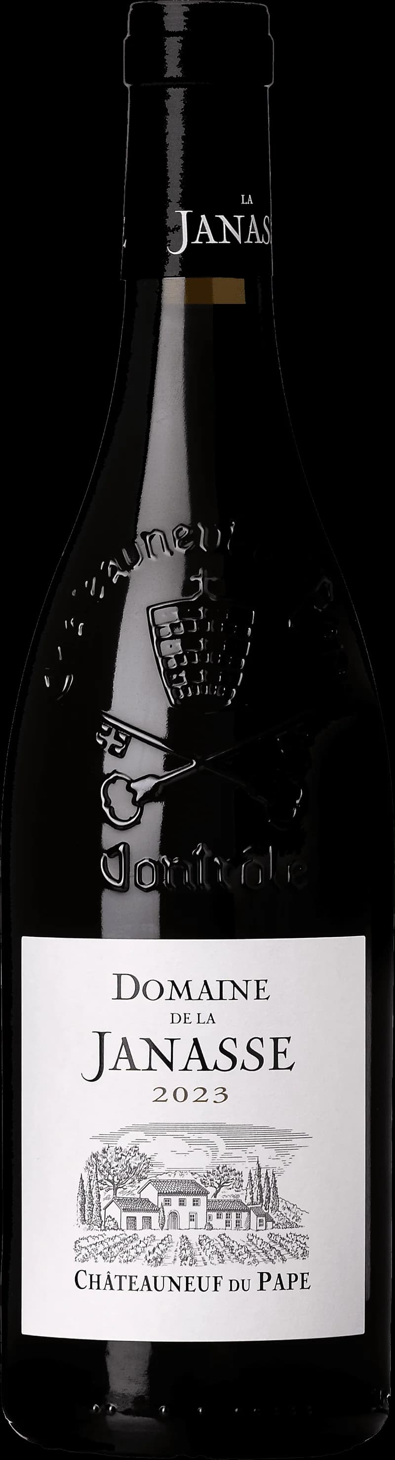 Flaska med Châteauneuf-du-Pape rött vin mot en mörk bakgrund.