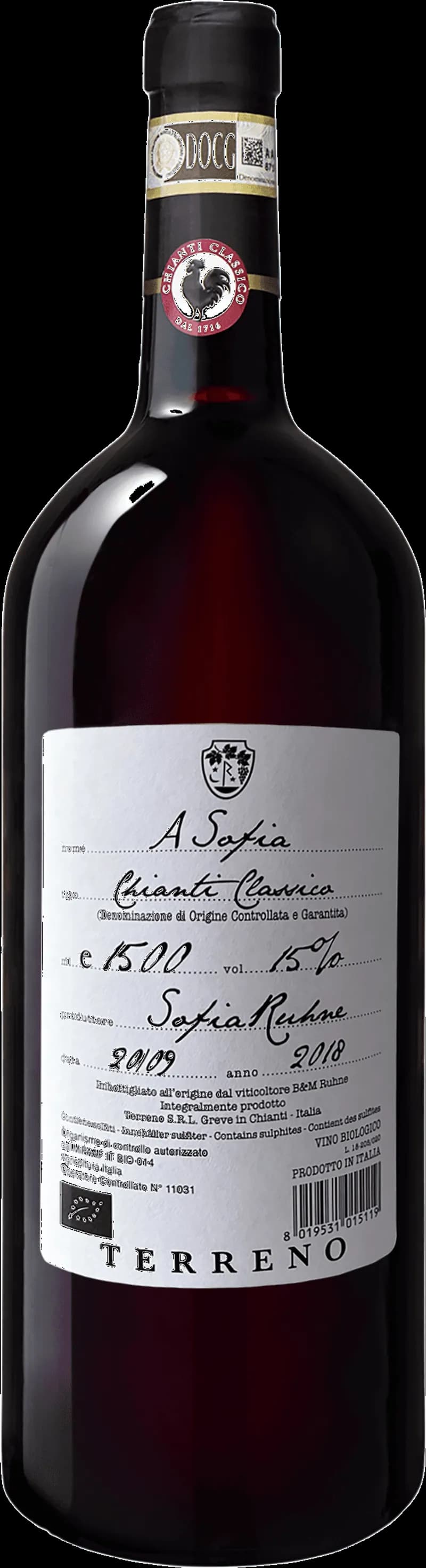 Flaska Chianti Classico Asófia rött vin mot ljus bakgrund