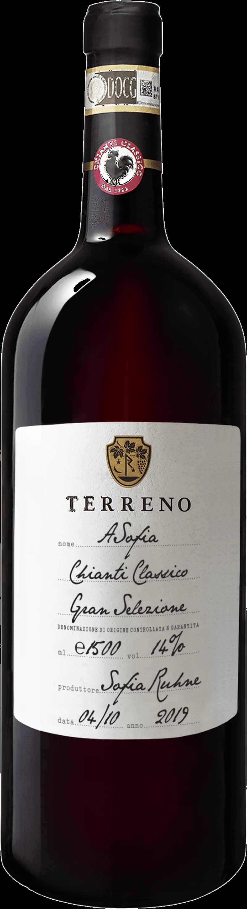 Flaska Chianti Classico Gran Selezione Asöfia rött vin mot mörk bakgrund