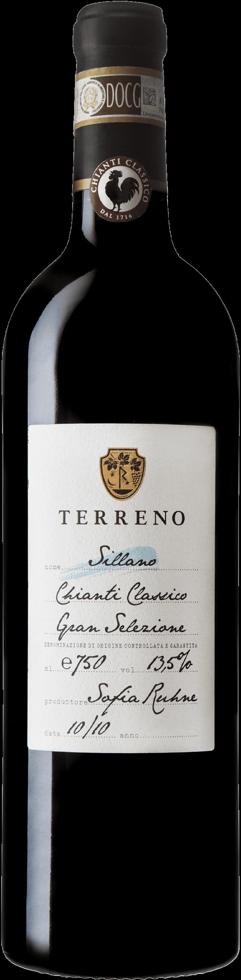 Flaska med Chianti Classico rött vin mot en rustik bakgrund.