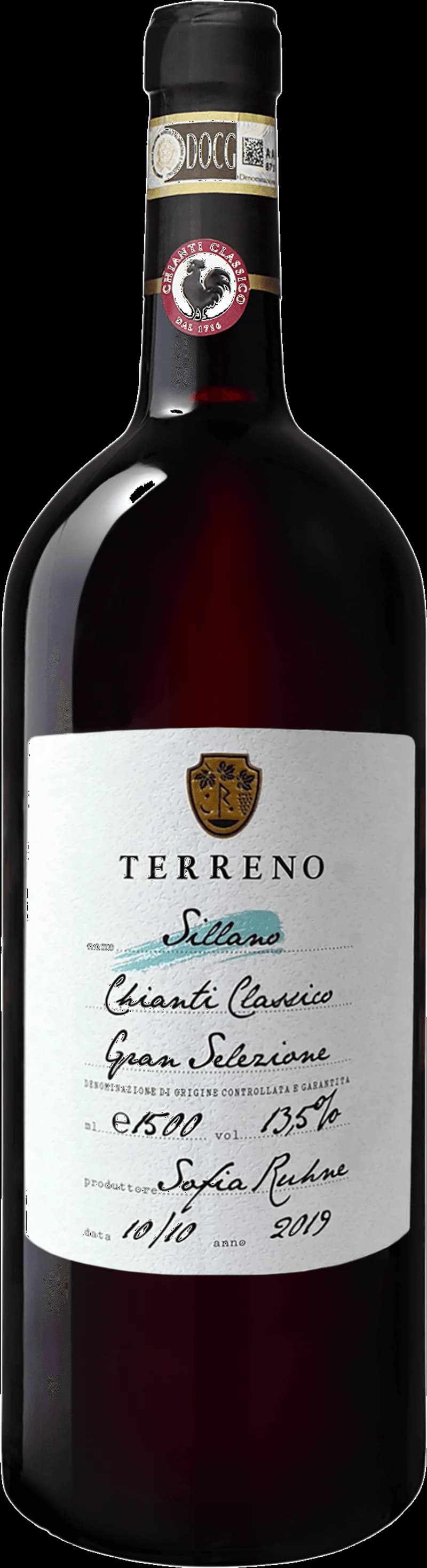 Flaska med Chianti Classico rött vin och ett glas vin bredvid.