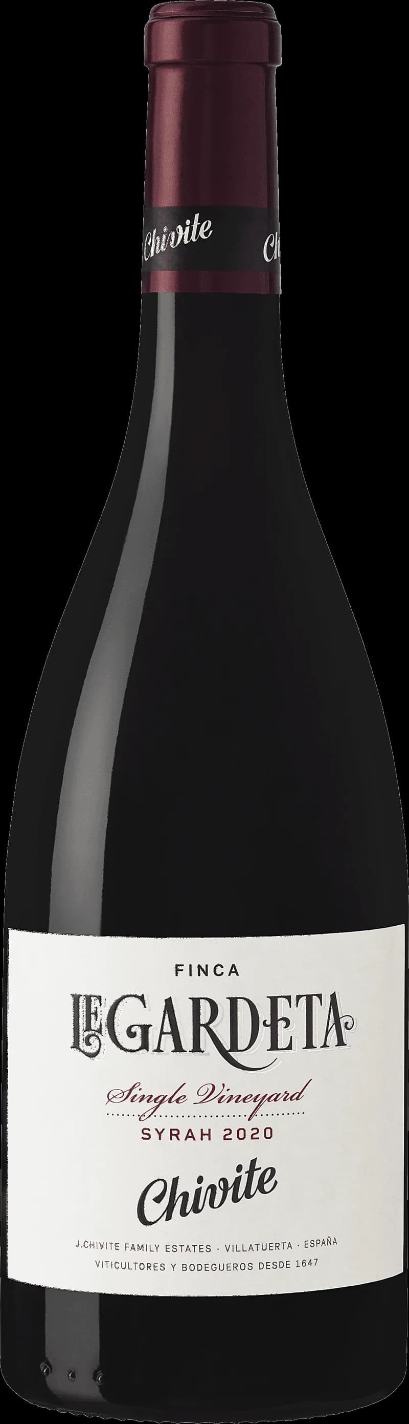 Flaska av Chivite Finca Legardeta rött vin mot en neutral bakgrund.